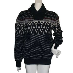 GAP Pullover Sweater, L, Fair Isle, Shawl Collar, Blue Lambswool/Nylon, Nordic